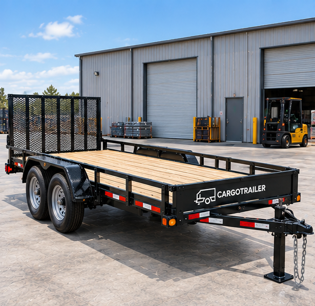 Cargotrailer 7′ x 20′ Goods Trailer – Tandem Axle, Wood Deck, Mesh Ramp Gate