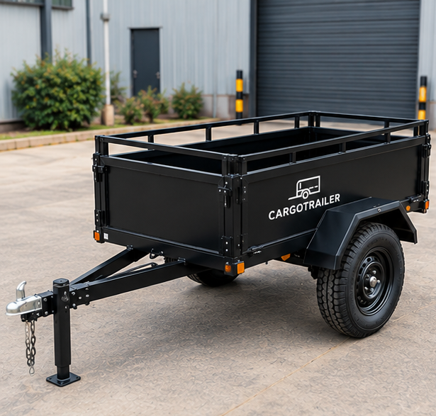 img38_1-1.png Cargotrailer 5′ x 8′ Motorbike Trailer – Single Axle, Steel Box Body, Top Rail - Image 1