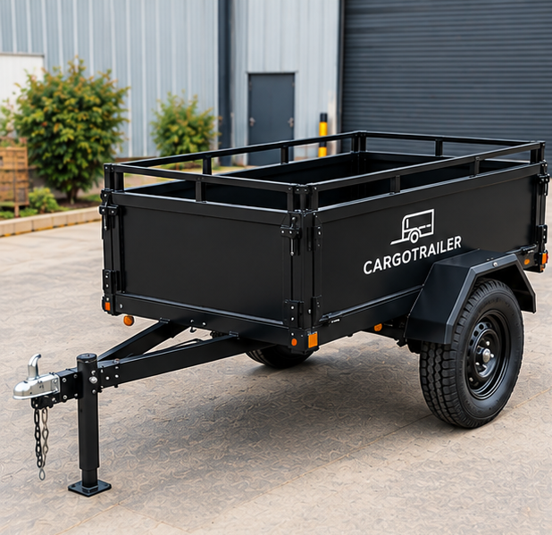 img40_1-1.png Cargotrailer 7′ x 12′ Motorbike Trailer – Single Axle, Steel Box Body, Top Rail - Image 1