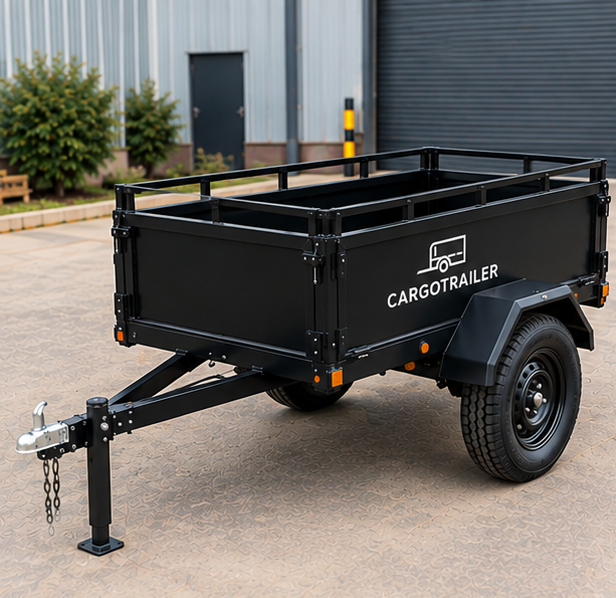 img41_1-1.png Cargotrailer 7′ x 14′ Motorbike Trailer – Single Axle, Steel Box Body, Top Rail - Image 1