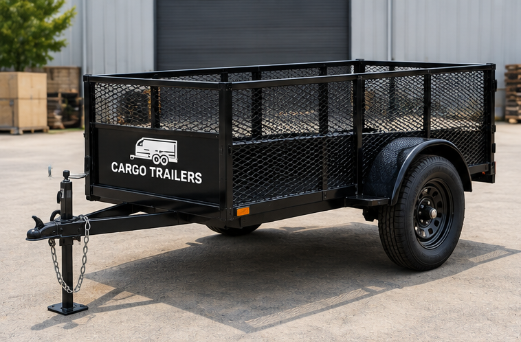 img47_1-1.png Cargotrailer 4′ x 6′ Cargo Trailer – Single Axle, High Mesh Sides, Ramp Gate - Image 1