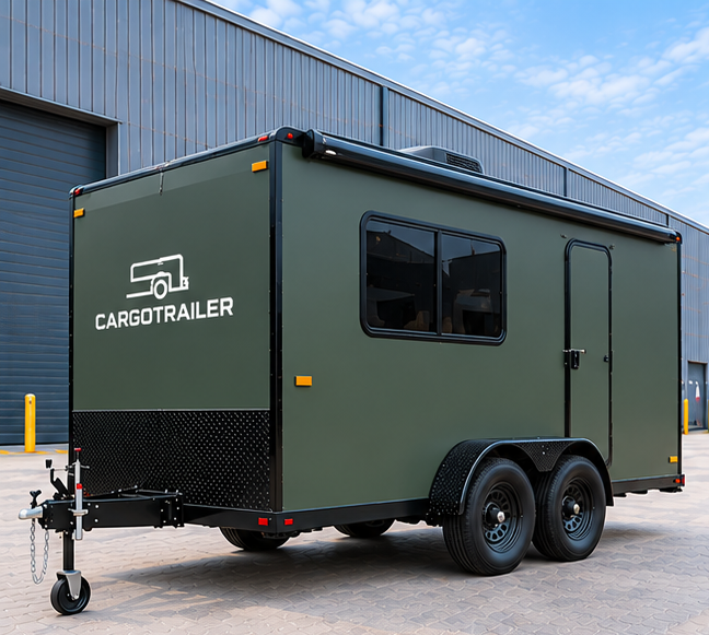 Cargotrailer 8 ft x 16 ft Camping Trailer – Tandem Axle, Full Kitchen, Rear Bed